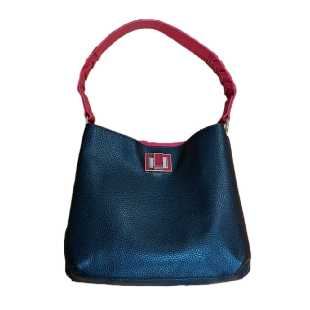 STEVE MADDEN ◇ Black Pebbled Bucket Bag with Red Handle ◇ Vegan ◇ EUC = Like New